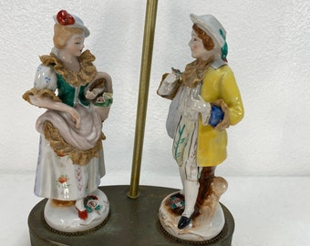 Vintage Figurine Courting Couple Porcelain Lamp Brass Base Pair on Single Base Hand Painted Rare Find Size 22" Romantic French Country