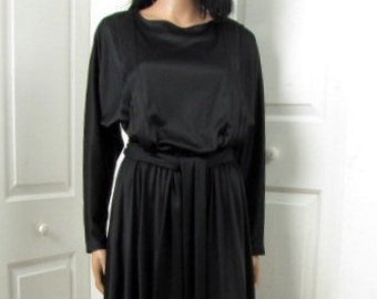 Vintage 80s Black Knit Jumpsuit | Nicole Wior | Size Medium | Wide Full Legs | Long Dolman Sleeves | Elastic Waist |