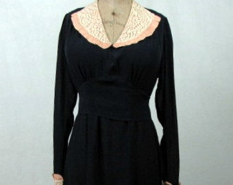 Vintage 1930s Dark Blue Silk Dress | Handmade | Lace Trim | Medium-Large | Long Sleeves | Sheer | Peach Contrast | Cummerbund