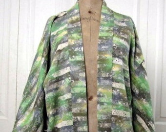 Vintage Green Print Haori Kimono Jacket | Watercolor Print | Asian Jacket | Textured Fabric | Pink Lining | Hand Stitched | Medium - Large