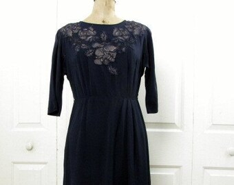 Vintage 50s navy Blue Rayon Crepe Dress | Front Floral Cut-Out Applique | 3/4 Length Sleeves | Medium | Virgina Draper's Store | Calif.
