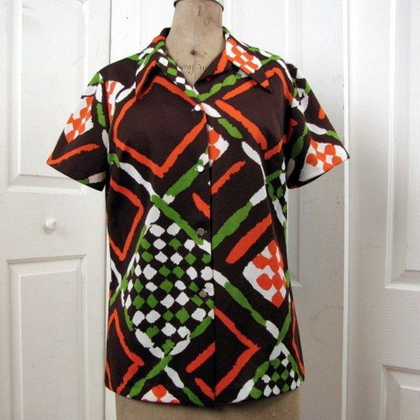 Vintage 70s Bold Geometric Shirt | Stockton | Medium |  Polyester Knit | Short Sleeves | Button Front | Orange, Olive, White on Dark Brown