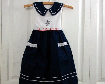 Vintage 80s Girls Summer Dress | Size 6 | Beach and Ocean Theme | Navy Blue and White | Poly/Cotton Blend | Fish and Wave