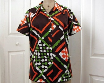 Vintage 70s Bold Geometric Shirt | Stockton | Medium |  Polyester Knit | Short Sleeves | Button Front | Orange, Olive, White on Dark Brown