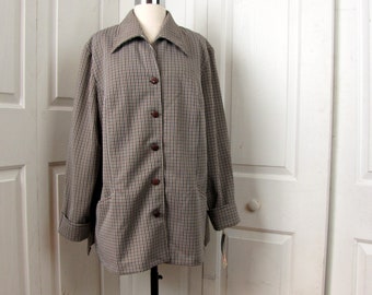 Vintage 70s Brown Plaid Check Jacket | Women's | Ample Togs California | Macy's | Size 42 | NWT  | Button Front | Pockets | Machine Wash