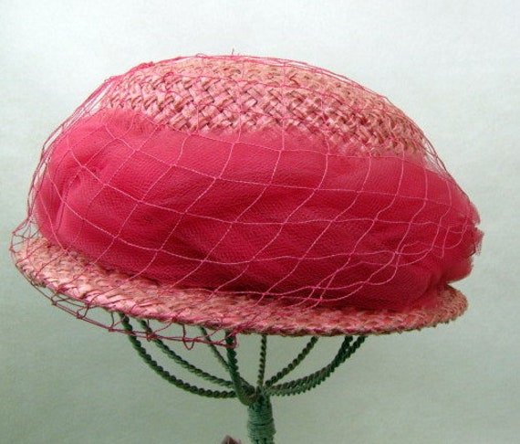 Vintage 50s Pink Straw Hat | Straw Hat with Netti… - image 4