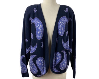 Vintage 80/90s Pappagallo Blackish Dark Blue Cardigan | Lavender Beaded Paisley | Long Sleeves | Size Large | Persian to Hippy Chic Style