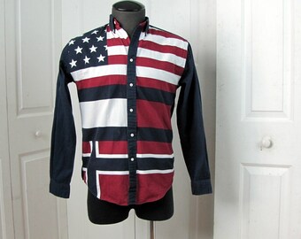 Vintage 90s Tommy Hilfiger Button Down Shirt | Flag Shirt | American Flag | Norway Flag | Dark Red White and Blue | Size Large | Cotton