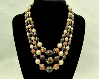 Vintage 1950s Beaded Necklace | Brown and Champagne Tone Beads | Touches of Orange | Three Strands | Japan