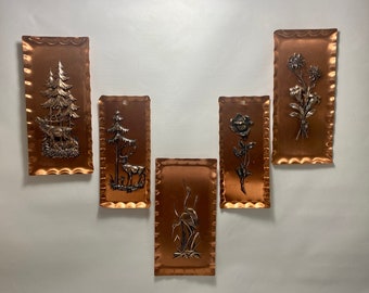 Vintage Mid Century Modern Set of Five Copper Wall Hangings 3-D Relief Deer, Floral Cranes Rustic Country Farmhouse Nature Home Decor