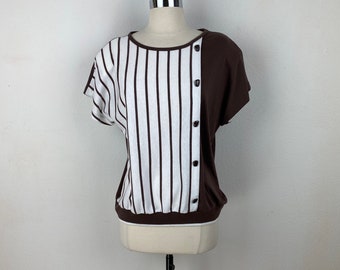 Vintage Aileen Cotton Knit Top Large Brown White Stripe Short Sleeves Pullover Ribbed Waistband Boho Country Casual Soft Comfort Retro USA
