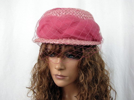 Vintage 50s Pink Straw Hat | Straw Hat with Netti… - image 2