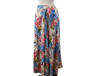 Vintage 90s Rayon Circle Skirt | Floral and Romantic Print | Boho Peasant Full Skirt | Cottagecore | Waist 31" Large | Side Buttons