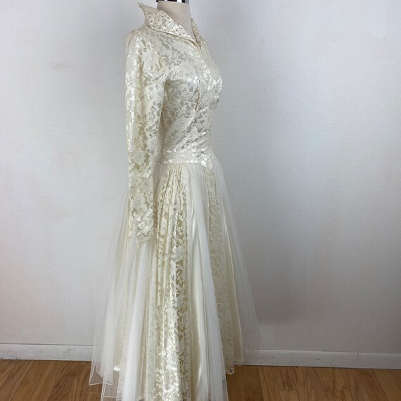 Vtg 50s Gaiety Gowns Ivory Satin Lace Beaded Wedd… - image 8
