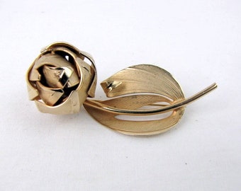 Vintage Gold Tone Rosebud Brooch | Textured | Stylized Rosebud Brooch | Flower Pin