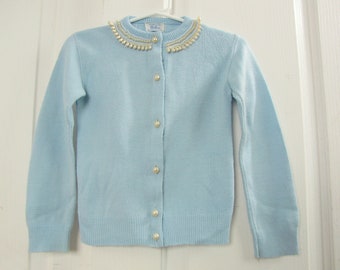 Vintage 50s Little Girl's Baby Blue Sweater | 4-5 Toddler | White Pearlized Beaded Trim | Button Front | Long Sleeves | Dupont Orlon