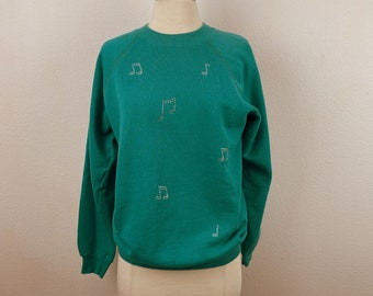 Vintage 90s Hanes Green Rhinestone Musical Notes Fleece Sweatshirt Cotton Blend Made In USA Size Med 38-40