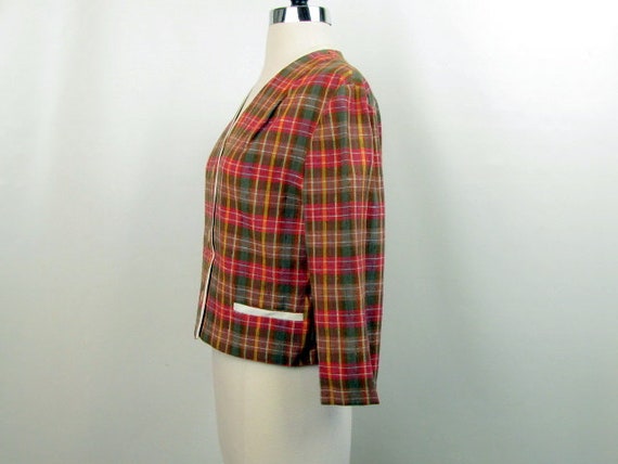 Vintage 60s Cropped Box Cut Plaid Jacket | White … - image 2