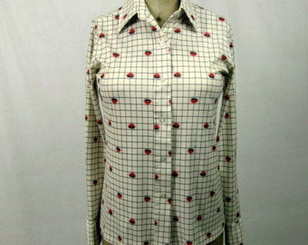 Vintage 80s Check Print Shirt | Sears The Shirt | Perma-Press | Small | Long Sleeves | Slinky Single Knit | Button Front | Dress Shirt