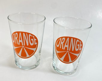 Vintage Orange Juice Glasses Set of Two Graphic Spell-out Kitschy Retro Kitchen