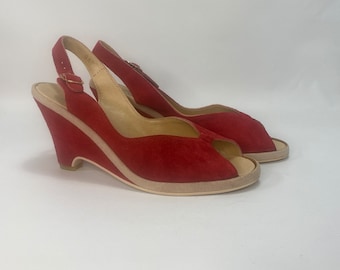 Nine West Womens Wedge Sandals Size 8.5 M Bright Red Suede Peep Toe Buckle Sling Back Made In Brazil Macy's Casual Career Classic