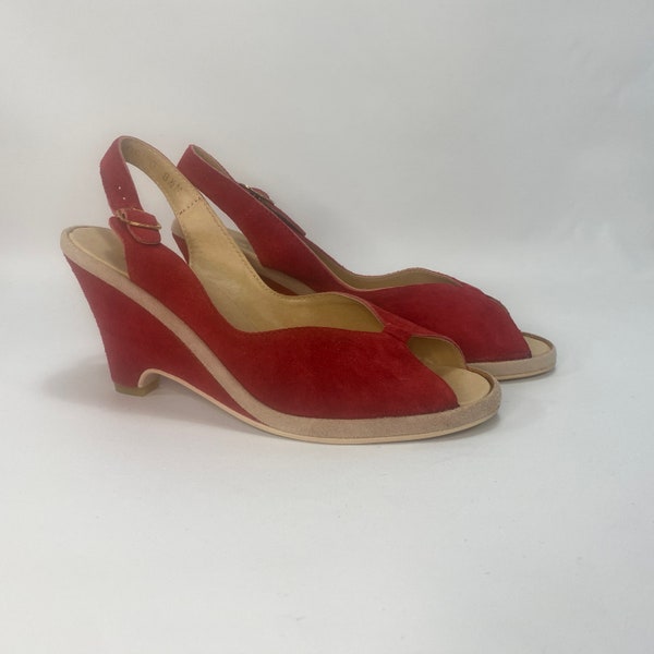 Nine West Womens Wedge Sandals Size 8.5 M Bright Red Suede Peep Toe Buckle Sling Back Made In Brazil Macy's Casual Career Classic