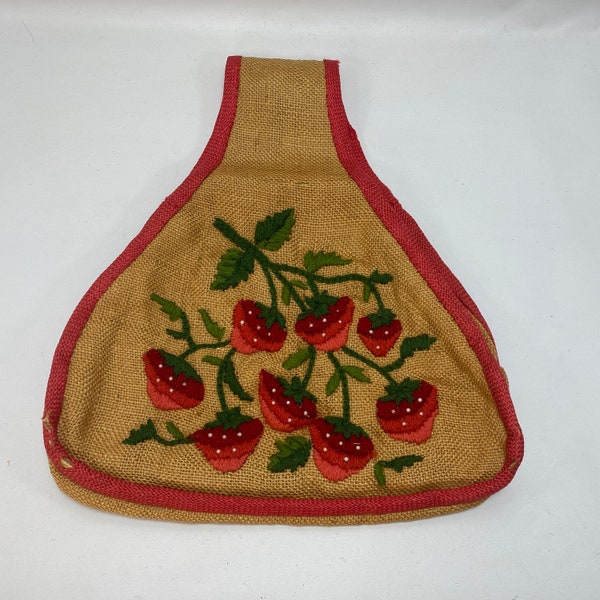 Vintage 60s Burlap Strawberry Tote Bag Embroidered Beaded Waxed Fabric Lined Boho Country Market Girl Collectible Kitsch Fruit