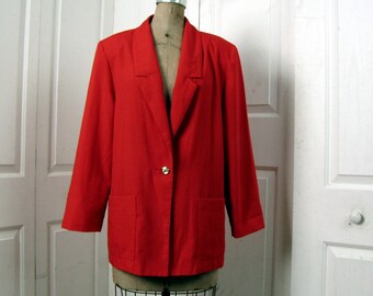 Vintage 80s Red Jacket | Radcliffe | Size 10 | Medium | Shoulder Pads | Fire Engine Red | Long Sleeves | One Button | Boyfriend Jacket