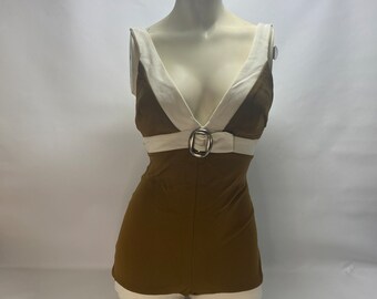 Vintage 1950s Chapter House Womens One Piece Swim Suit Small-Medium Romper Pin Up Rockabilly Modest Brown White Trim Beach Pool Resort Wear