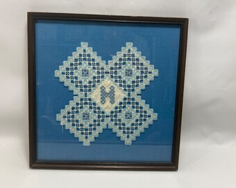 Antique Hardanger Norway Embroidery from Scandinavian Immigrants Framed Doily Under Glass Letter H Linen and Silk Blue and White Frame 12x12