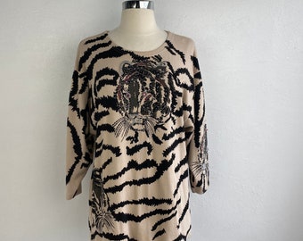 Vintage I Magnin Womens Beaded Tiger Top Large 3/4 Sleeves Cotton Holiday Resort