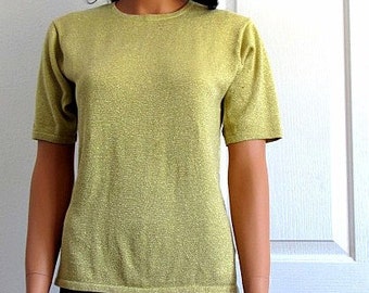 Vintage Gold Metallic Sweater | Short Sleeve | Yarnworks | Pullover | Small | Cotton Blend | Easy Care