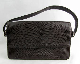 Vintage 1950 Leather Snake Skin Koret Handbag | Coin Purse | Dark Brown | 1950s | Single Top Handle | Inside Pockets | Snap Closure