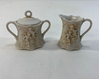 Vintage Lefton's Demitasse Sugar and Creamer Set Cherub Relief 215 White Creamy Matte Bisque Porcelain Service for One, Doll Display