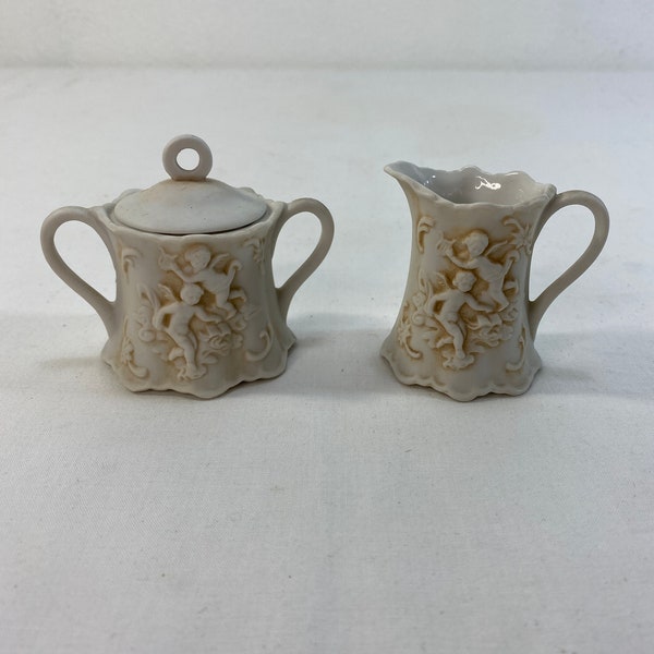 Vintage Lefton's Demitasse Sugar and Creamer Set Cherub Relief 215 White Creamy Matte Bisque Porcelain Service for One, Doll Display