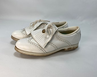 Vintage Womens Wit Lederen Cougar Golf Schoenen Made In USA Lace Up Metal Spikes Maat 9M