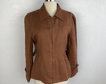 Vintage International Scene Women Linen Jacket Size 7/8 Russia Zip Front Lined Pockets Fitted Back Pleats Cinnamon Brown Career Preppy
