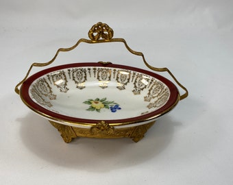 Vintage Syracuse Candy Nut Dish with Brass Handle Holder 22 KG Plate Maroon Rim Yellow Flower and Blue Made in USA Fayette Plant April 1923