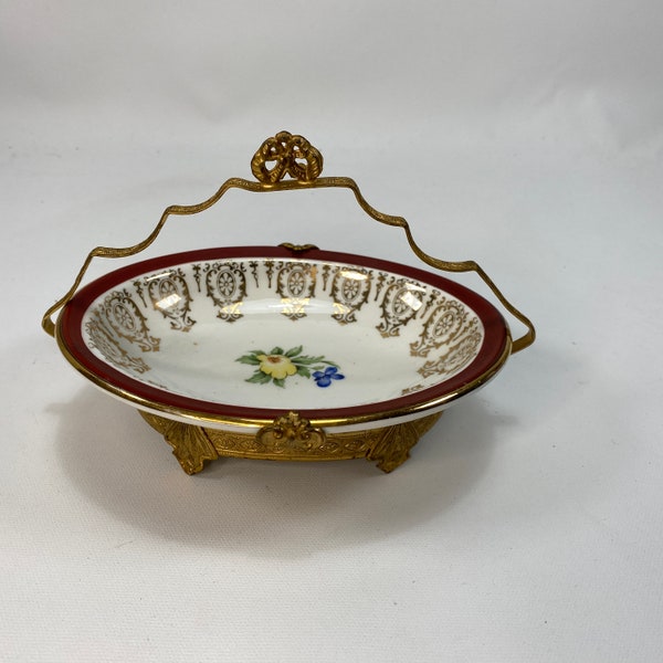 Vintage Syracuse Candy Nut Dish with Brass Handle Holder 22 KG Plate Maroon Rim Yellow Flower and Blue Made in USA Fayette Plant April 1923