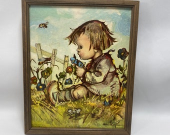 Vintage Jean Bukac Litho Print Juvenile Girl with Flowers Bees Wood Frame Issues