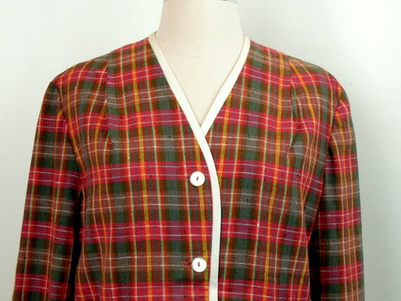 Vintage 60s Cropped Box Cut Plaid Jacket | White … - image 5