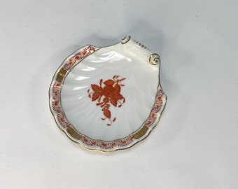 Vintage Herend Hungary Hand Painted Porcelain Shell Bone Dish Rust Trinket Dish