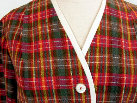 Vintage 60s Cropped Box Cut Plaid Jacket | White … - image 6