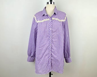 Vintage 70s Maggie Sweet Lavender Gingham Shirt | Lane Bryant Blouse | Button Front | Size 40 | Cotton Blend | Dead Stock Tag | White Fringe