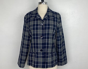 Vintage 80s Womens Ship 'n Shore Jacket Size 10P Dark Blue Plaid Lightweight  Poly/Rayon Four Button Long Sleeves Preppy Career College