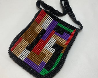 Vintage 70s Walborg Tetris Beaded Tote Handbag Shoulder Strap Zip Top Lined Boho Hippy Kitschy Mod Fun