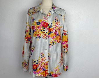 Vintage 70s Lori Lynn Womens Floral Blouse Size 20 Large Made In USA Long Sleeve Button Front Slinky Single Knit Polyester Collar Boho Mod