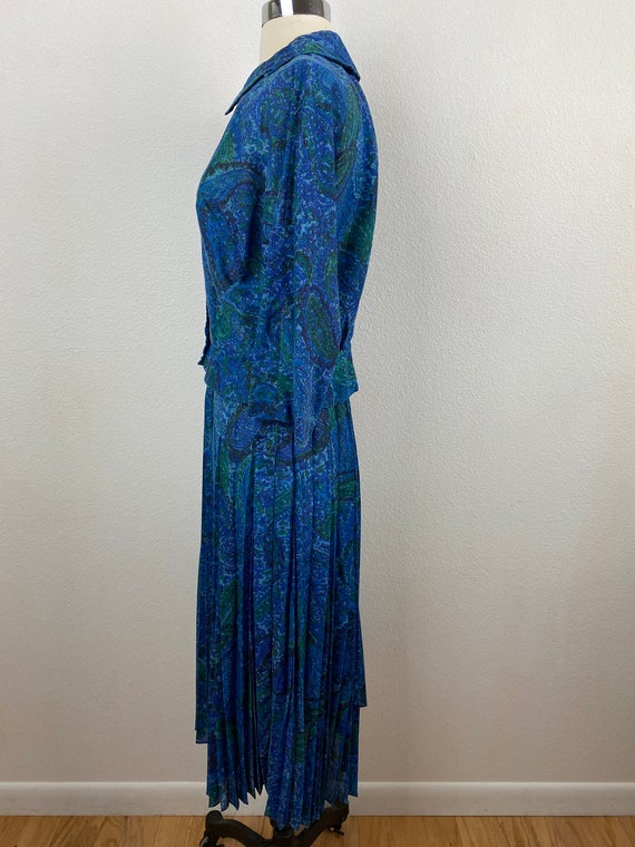 Vintage 60s Blue Paisley Two Piece Dress | Midi P… - image 4