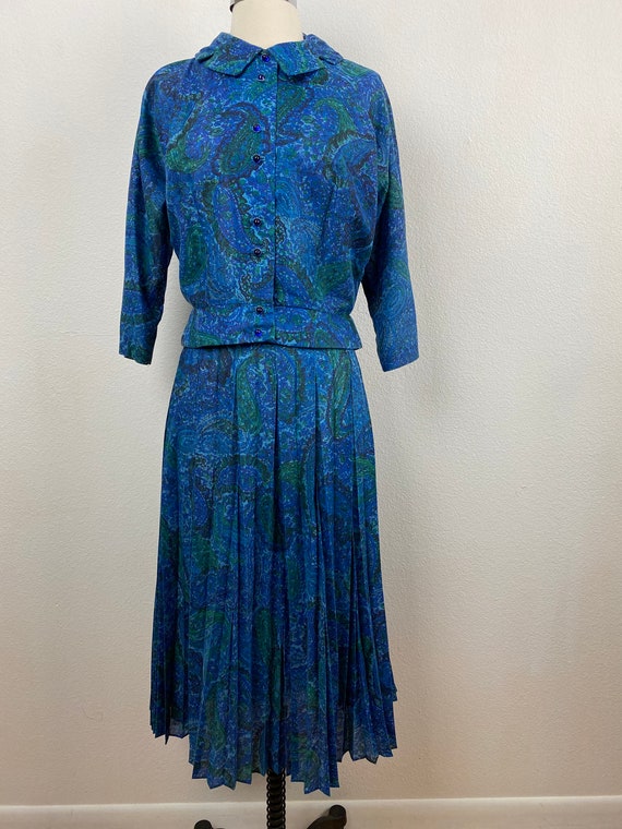 Vintage 60s Blue Paisley Two Piece Dress | Midi P… - image 1