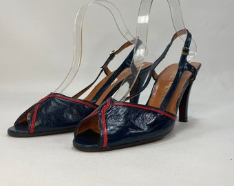 Vintage Womens Evan-Picone Leather Heels 9N Made In Spain Navy Blue Red Trim Open Toe Sling Backs Dancing City Life Career Professional